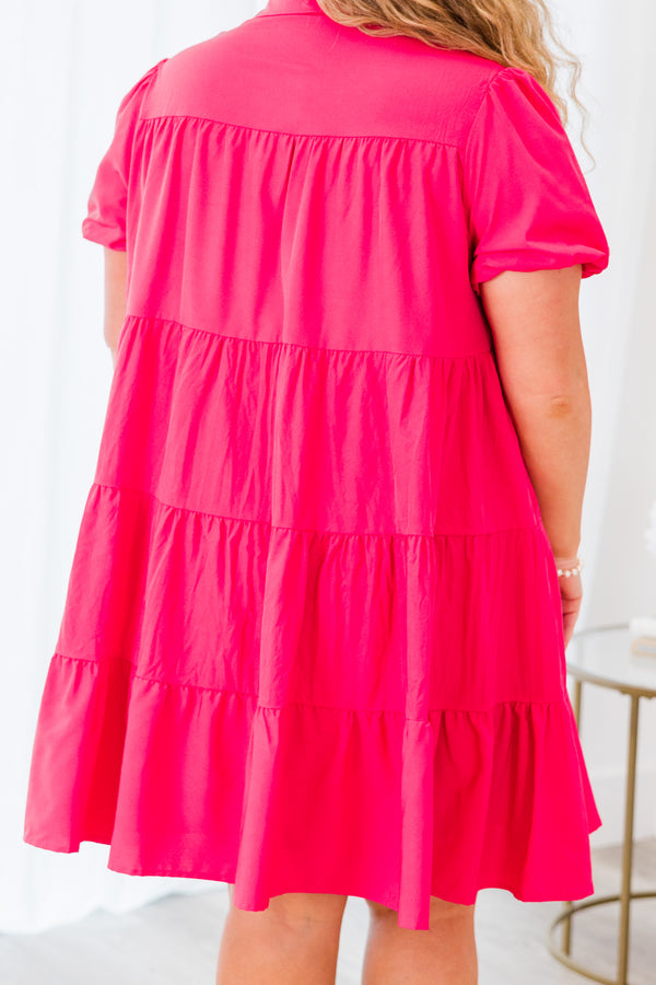 Chic Soul plus size clothing, short-sleeve collared hot pink baby doll dress with ruffled details and buttons down the center of the dress