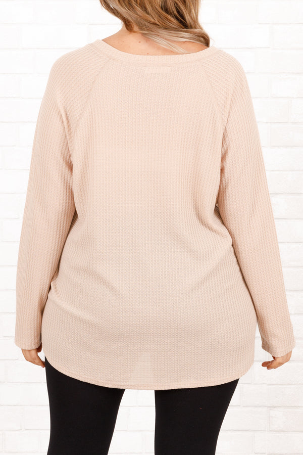 Chic Soul plus size clothing, taupe textured top with a v neckline