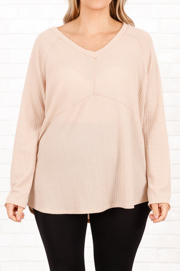 Chic Soul plus size clothing, taupe textured top with a v neckline