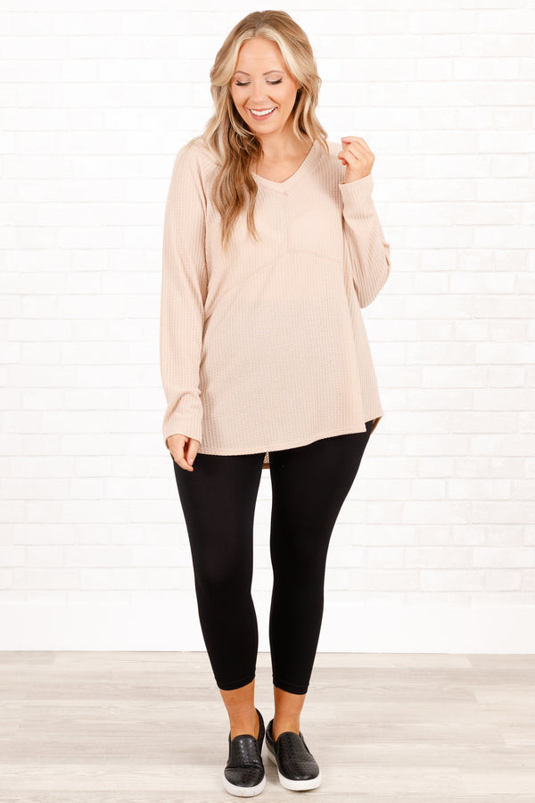 Chic Soul plus size clothing, taupe textured top with a v neckline