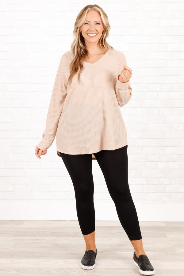 Chic Soul plus size clothing, taupe textured top with a v neckline