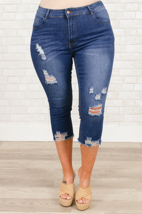 Chic Soul plus size clothing, medium wash distressed denim capris with frayed hemline