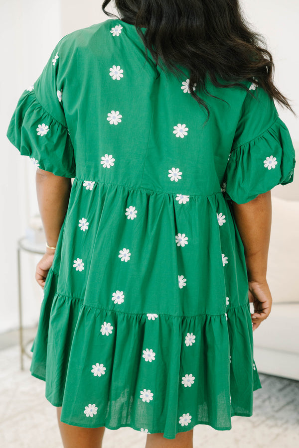 Chic Soul plus size clothing, green short sleeve tiered mini dress with round neckline with puff sleeve detail with white embroidered flowers