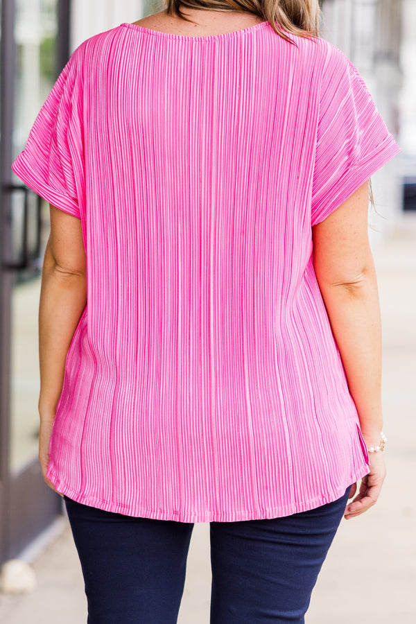 Chic Soul plus size clothing, short sleeve barbie pink ribbed textured top with cuff sleeves with v neckline