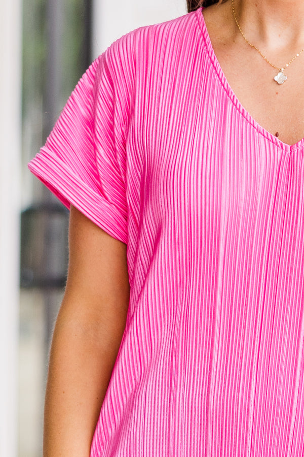 Chic Soul plus size clothing, short sleeve barbie pink ribbed textured top with cuff sleeves with v neckline