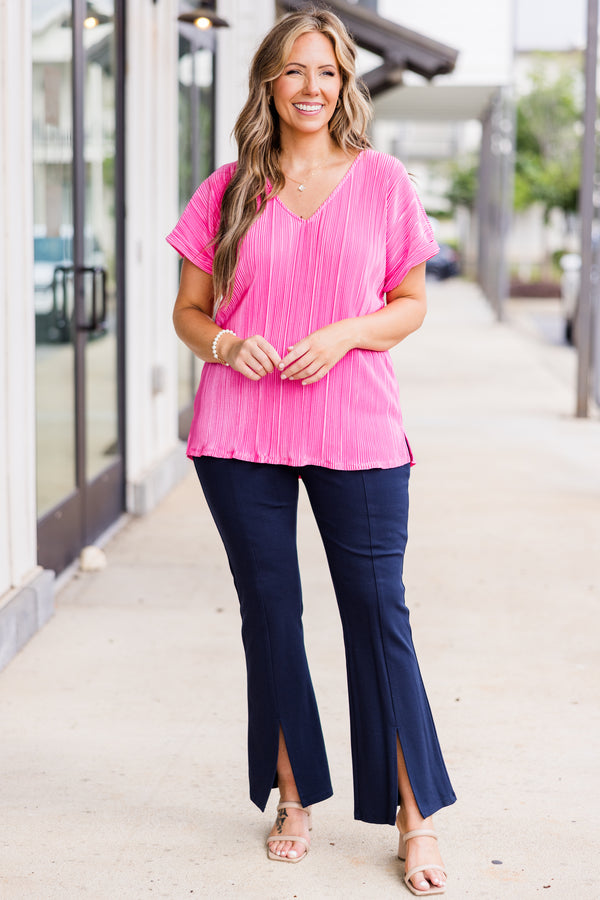 Chic Soul plus size clothing, short sleeve barbie pink ribbed textured top with cuff sleeves with v neckline