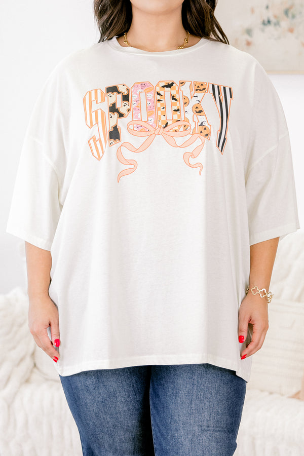 Chic Soul plus size clothing, ivory half sleeve crewneck tee with text graphic that says 