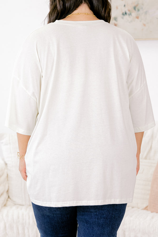 Chic Soul plus size clothing, ivory half sleeve crewneck tee with text graphic that says 