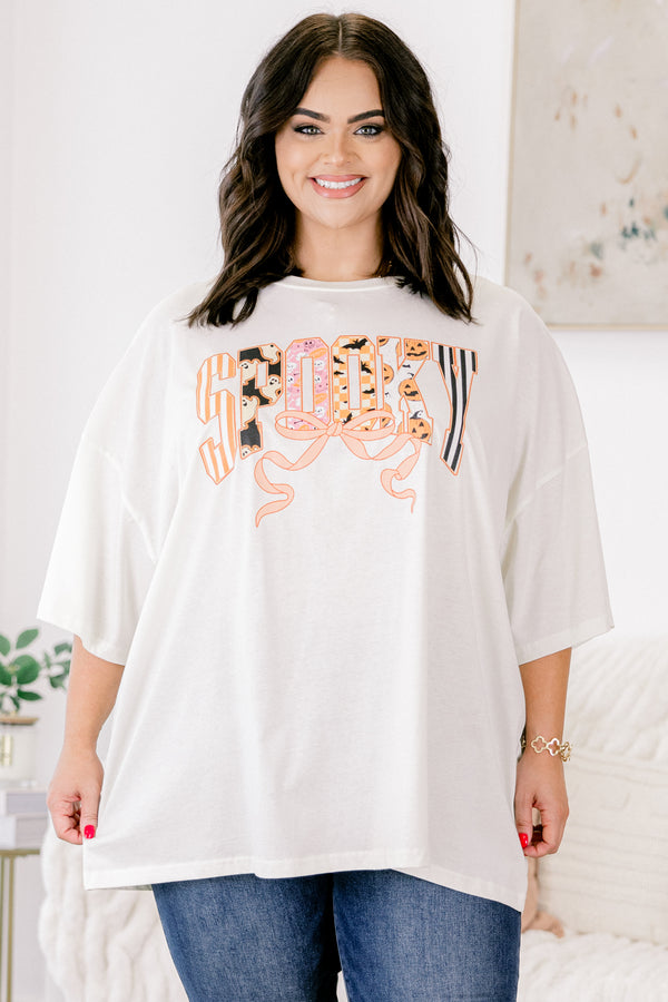 Chic Soul plus size clothing, ivory half sleeve crewneck tee with text graphic that says 