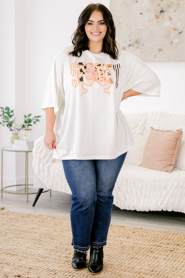 Chic Soul plus size clothing, ivory half sleeve crewneck tee with text graphic that says 