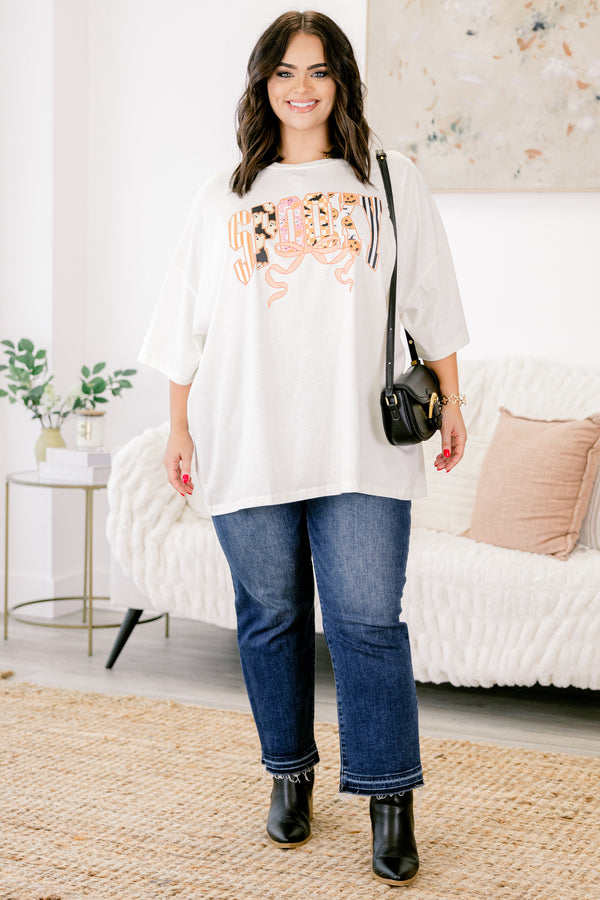 Chic Soul plus size clothing, ivory half sleeve crewneck tee with text graphic that says 