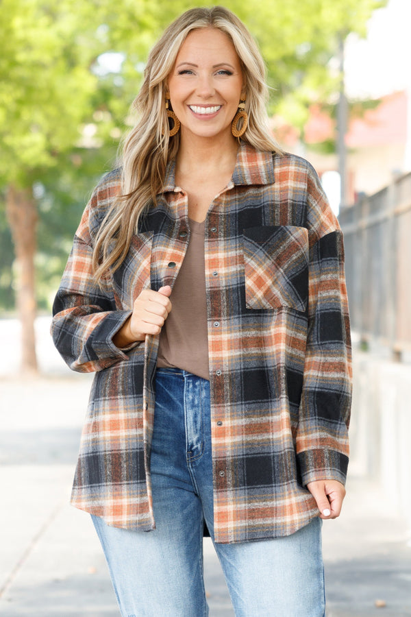 Chic Soul plus size clothing, orange and navy blue flannel with pockets 