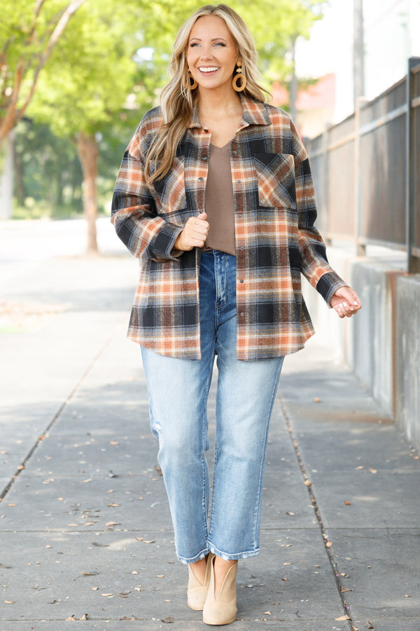 Chic Soul plus size clothing, orange and navy blue flannel with pockets