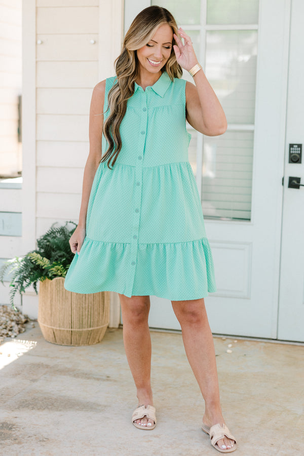 Chic Soul plus size clothing, jade sleeveless button up dress with collar and pockets with tier detail