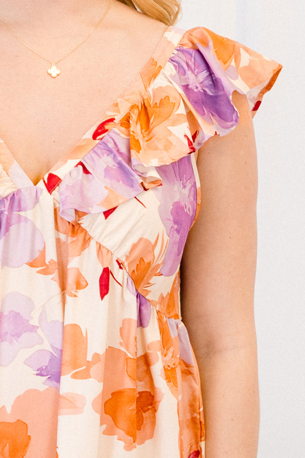 Chic Soul plus size clothing, short-flutter-sleeve mauve multi-colored ruffled baby doll midi dress with a v-neckline and a watercolor floral pattern