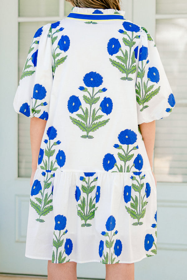 Chic Soul plus size clothing, white short sleeve mini dress with v neckline and collar detail with blue and green floral print with puff sleeves and blue border down neckline and center