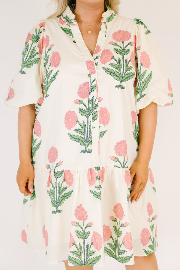 Chic Soul plus size clothing, white knee length dress with bubble sleeves and a pink and green floral block pattern 