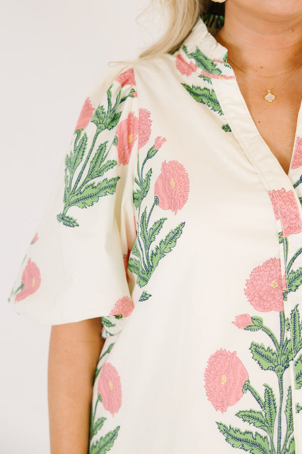 Chic Soul plus size clothing, white knee length dress with bubble sleeves and a pink and green floral block pattern 