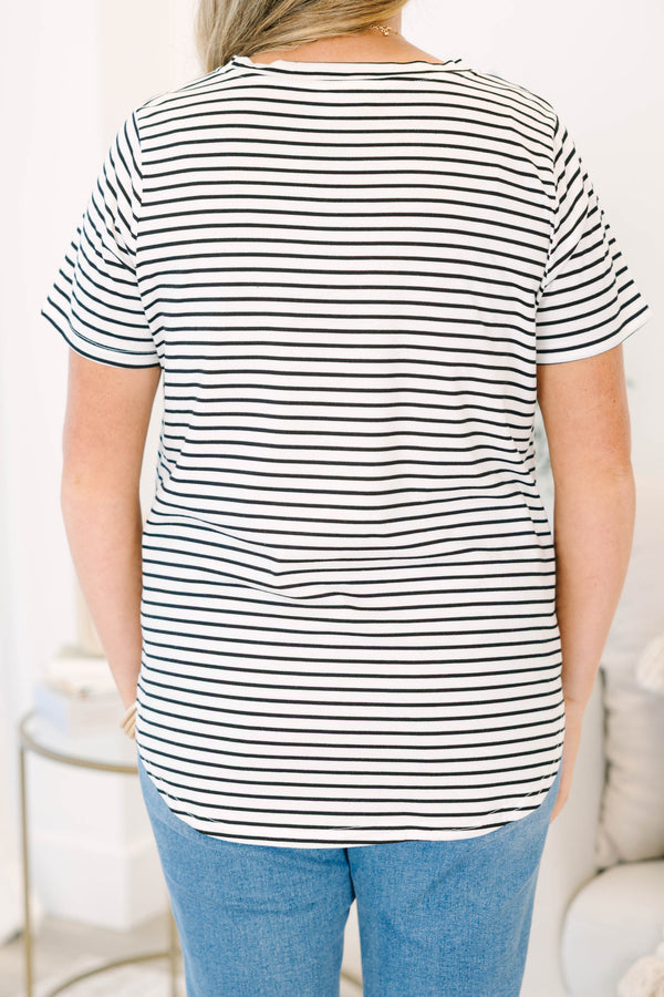 Chic Soul plus size clothing, short-sleeve black ivory top with a high-scoop-neckline and a minimalistic striped pattern 