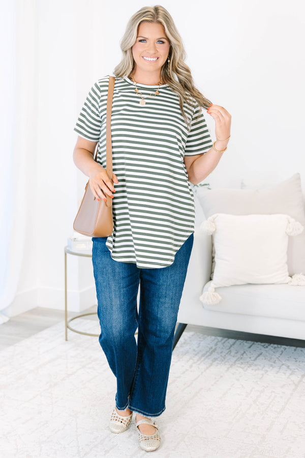 Plus Size olive and cream striped short sleeve top with a crew neckline and relaxed fit.