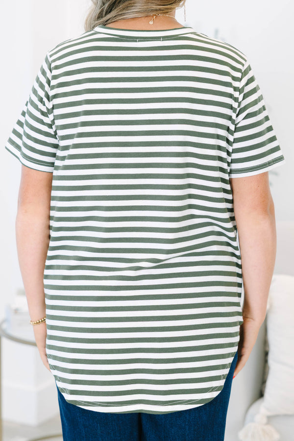 Plus Size olive and cream striped short sleeve top with a crew neckline and relaxed fit.