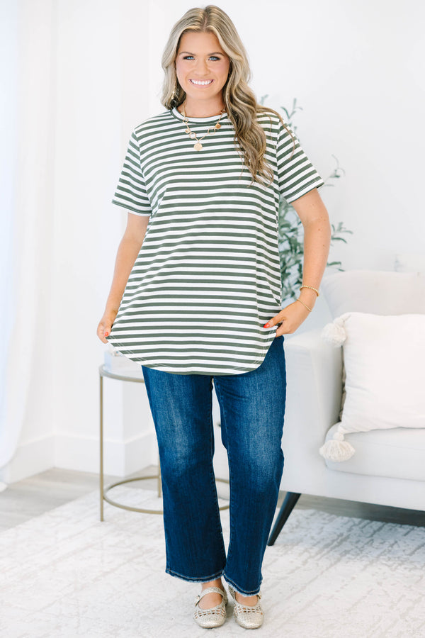 Plus Size olive and cream striped short sleeve top with a crew neckline and relaxed fit.