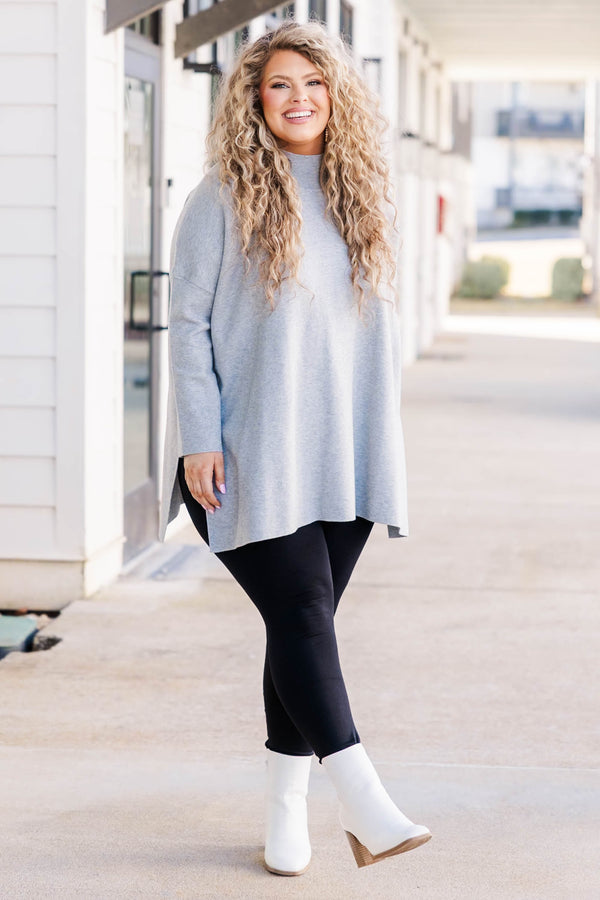 Chic Soul plus size clothing, heather grey knitted sweater with a turtleneck