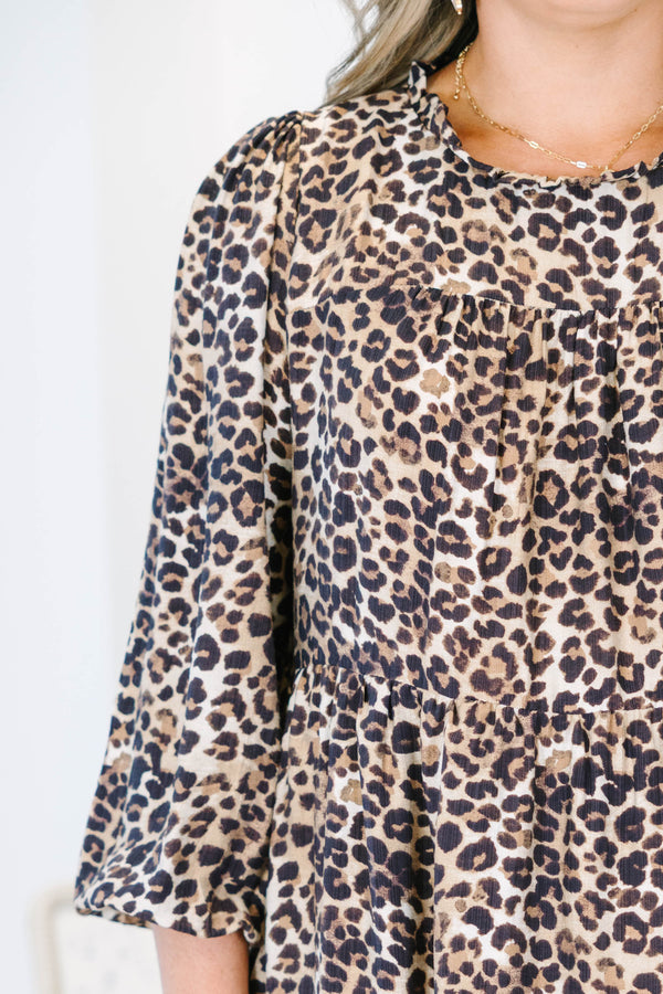 Plus size clothing, brown leopard mini dress with half sleeves