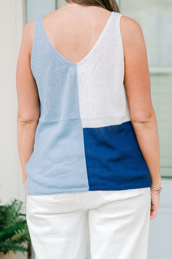 Chic Soul plus size clothing, color block designed top with off-white and blue coloring sleeveless tank with v neckline
