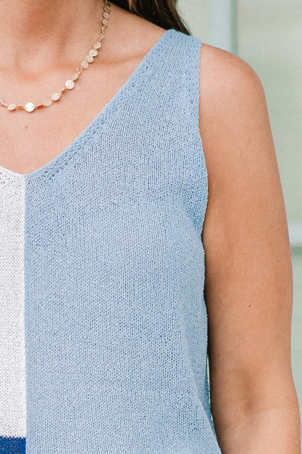 Chic Soul plus size clothing, color block designed top with off-white and blue coloring sleeveless tank with v neckline