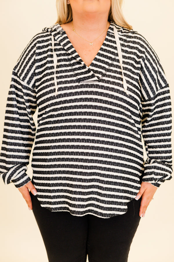 Chic Soul plus size clothing, black and white striped hoodie with curved hemline