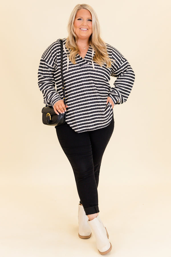 Chic Soul plus size clothing, black and white striped hoodie with curved hemline