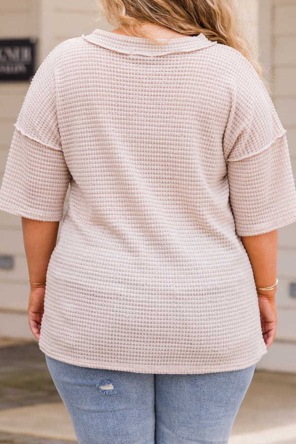 Chic Soul plus size clothing, short sleeve oatmeal waffle knit top with v-neckline and distressed seam details 