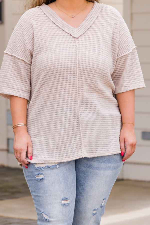Chic Soul plus size clothing, short sleeve oatmeal waffle knit top with v-neckline and distressed seam details 