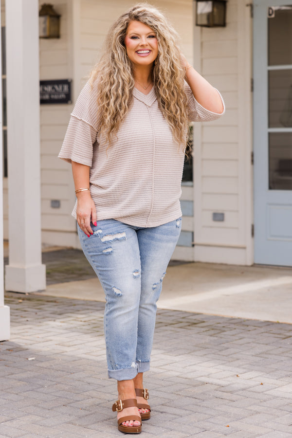 Chic Soul plus size clothing, short sleeve oatmeal waffle knit top with v-neckline and distressed seam details 