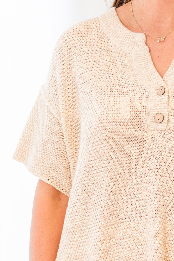 Chic Soul plus size clothing, short-sleeve knit beige top and shorts matching sweater set with henley brown button detailing on top 