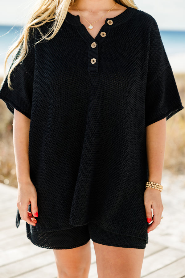 Plus Size black sweater set with a short-sleeve henley top and matching elastic waistband shorts.