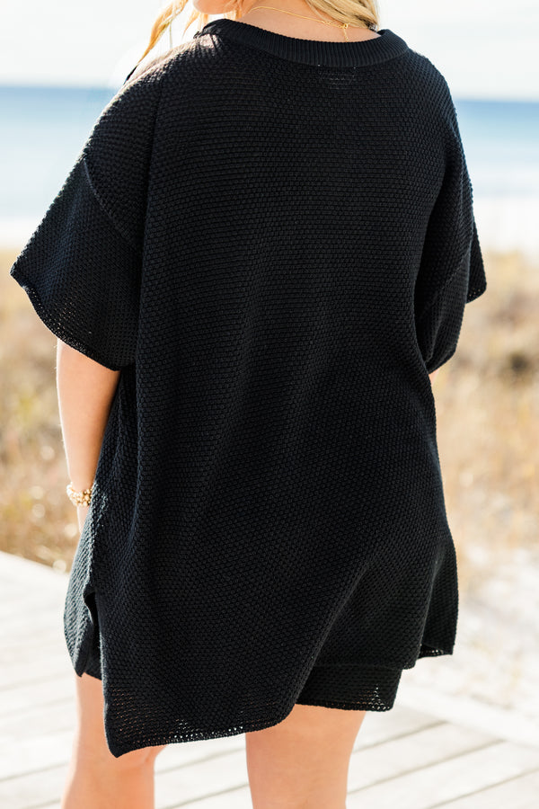 Plus Size black sweater set with a short-sleeve henley top and matching elastic waistband shorts.