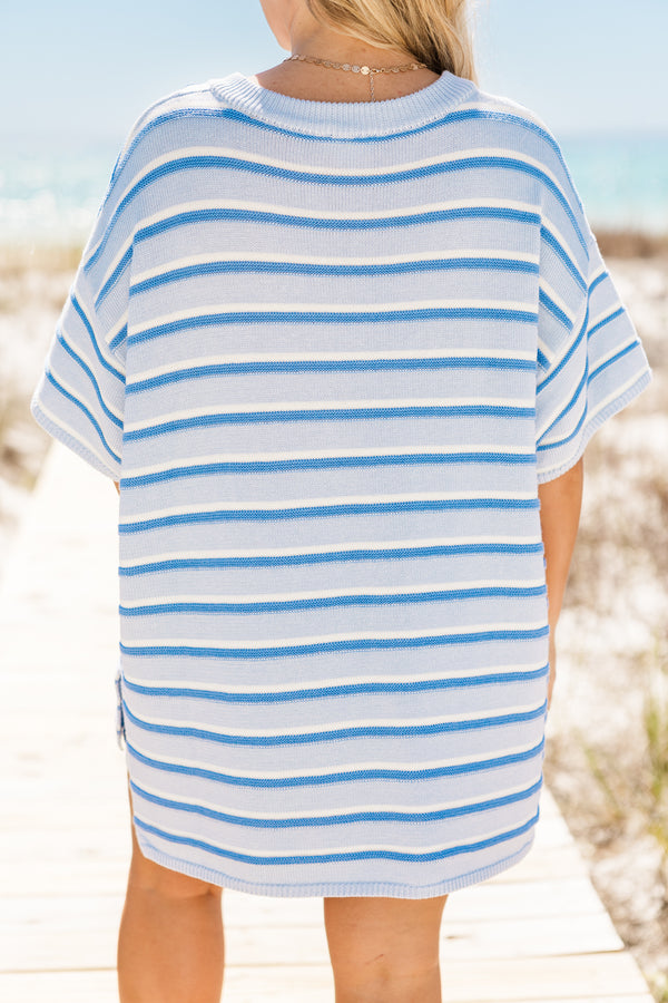 Chic Soul plus size clothing, short-sleeve blue striped soft knit sweater top and short set with a henley buttoned v-neckline 