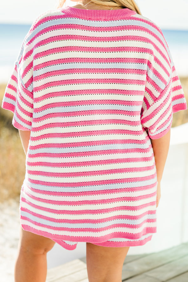 Chic Soul plus size clothing, short-sleeve pink stripe white and pink knit sweater top and shorts set with a brown henley button detailing 