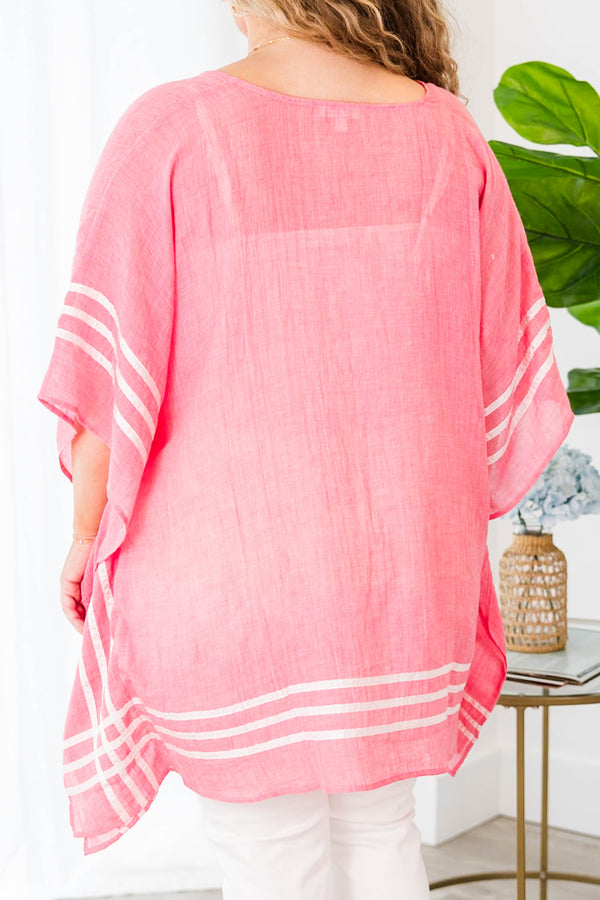 Chic Soul plus size clothing, raspberry tunic with stripes along edges and semi sheer material