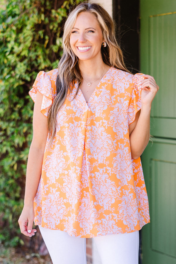 Chic Soul plus size clothing, orange and purple paisley floral print with ruffle short sleeves and v neckline top
