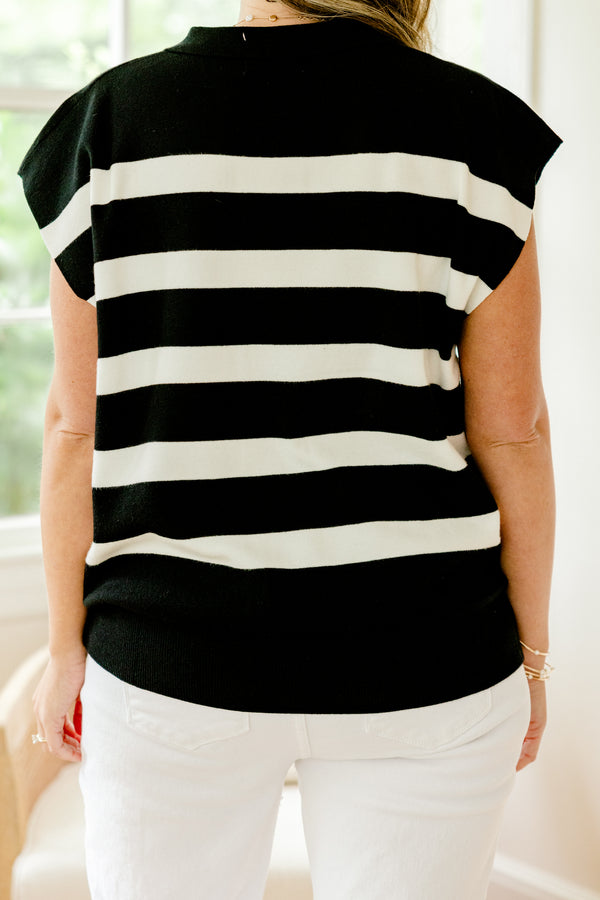 Chic Soul plus size clothing, black short sleeve sweater top with v cutout along neckline with white stripe pattern