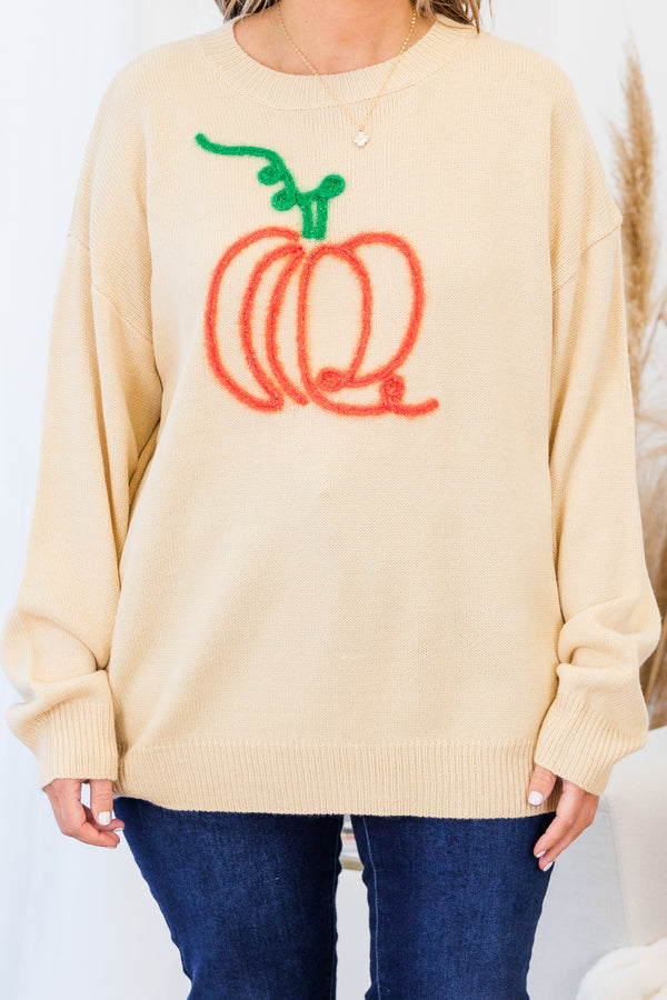 Chic Soul plus size clothing, taupe long sleeve sweater with embroidered orange pumpkin and green stem