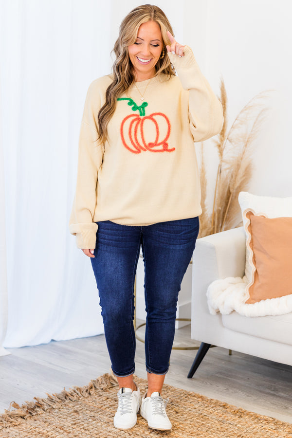 Chic Soul plus size clothing, taupe long sleeve sweater with embroidered orange pumpkin and green stem
