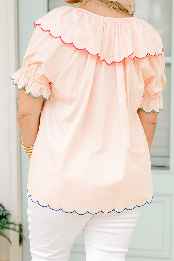 Chic Soul plus size clothing, pastel peach pink bubble sleeve peter pan collared top with red and green and blue trim on scalloped edges and neck string tie