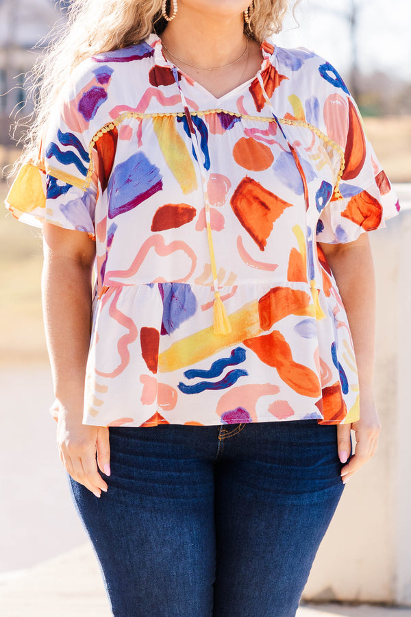 Chic Soul plus size clothing, mustard short sleeve top with v neck and tie detail with tassels and geometric print