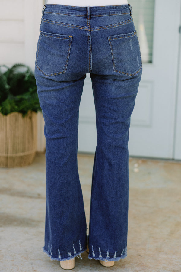 Chic Soul plus size clothing, boot cut dark wash jeans with small ripped details