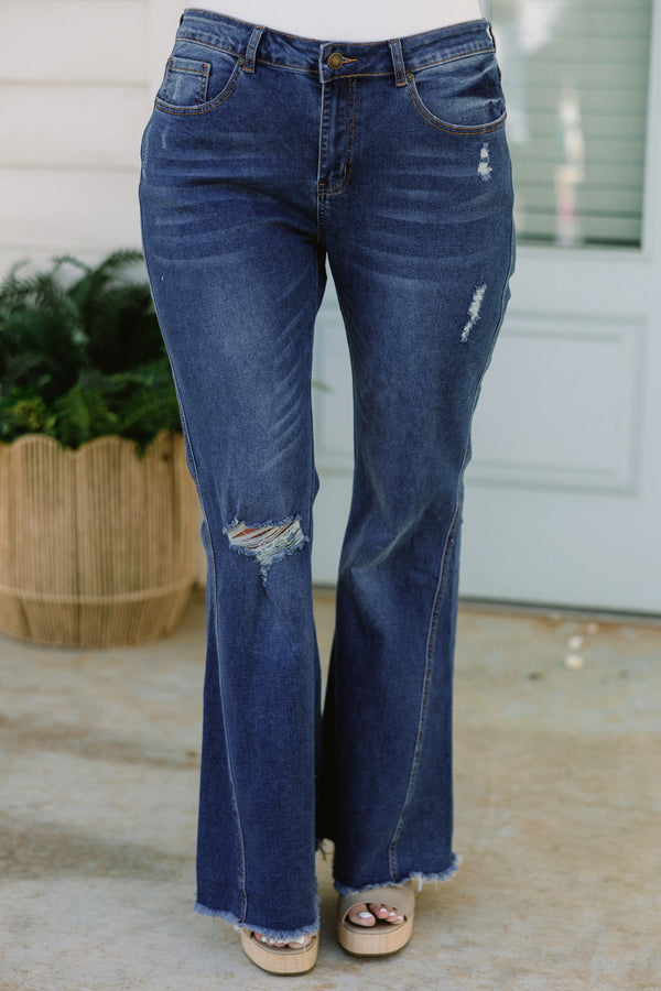 Chic Soul plus size clothing, boot cut dark wash jeans with small ripped details