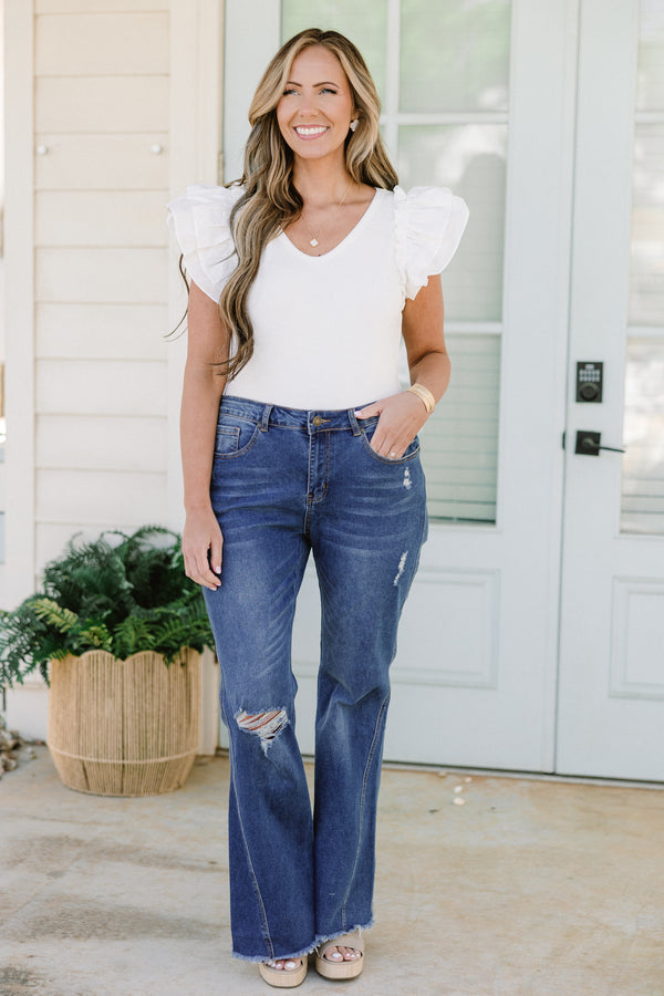 Chic Soul plus size clothing, boot cut dark wash jeans with small ripped details
